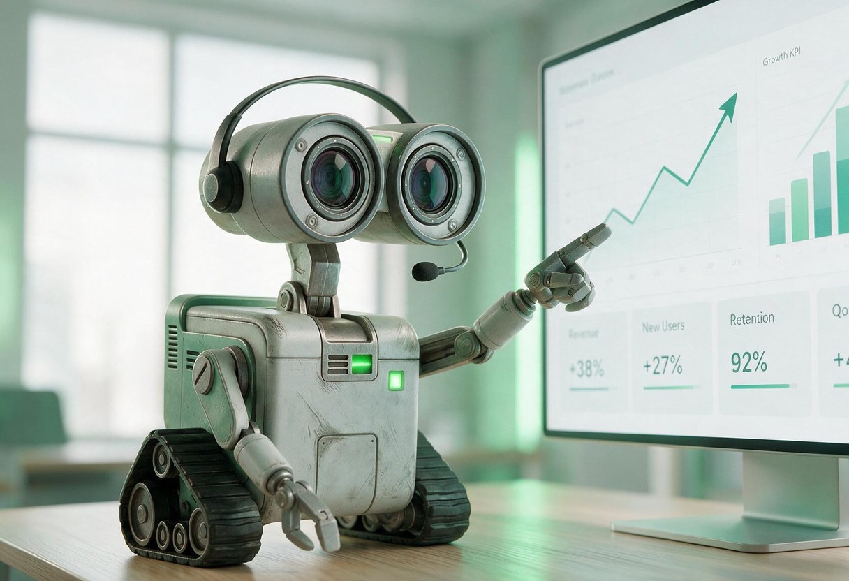 A small robot mascot with camera-lens eyes pointing at a dashboard of rising growth charts